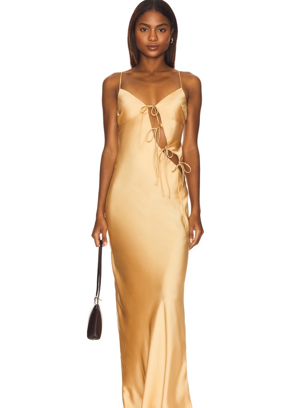 About A Girl Maxi Dress in Gold Slip Dress with Side Tie Cutouts